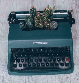 An old typewriter with cactuses growing inside