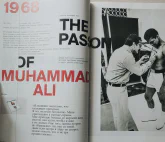 Double-page of an old magazine with fancy text layout on the left and a picture of the boxer Muhammad Ali on the right